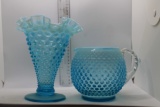 Two Pieces Blue Opalescent Hobnail - Ruffled Vase & Pitcher with Applied Handle
