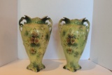 Pair of Tall Light Green & Floral Vases