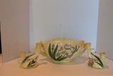 Unmarked Pottery Console Bowl & 2 Candle Holders