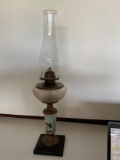 Antique Oil Lamp with Painted Crane Base