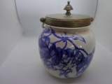 Vintage or Antique Doulton Burslem English Biscuit Jar - white with blue floral & leaf design