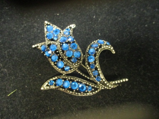 Weiss Blue Rhinestone Flower Brooch