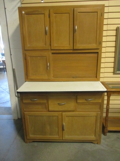 Wooden Hoosier Cabinet With White Enamel Pull-Out Work Surface