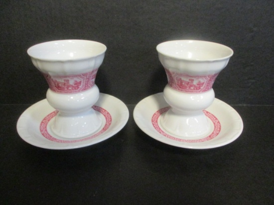 Pair Of Heinrich Pink Transferware Chalices With Underplates