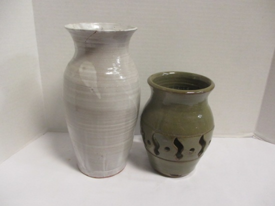 Two Piece Signed Pottery:  Striated And Pierced Band Vases