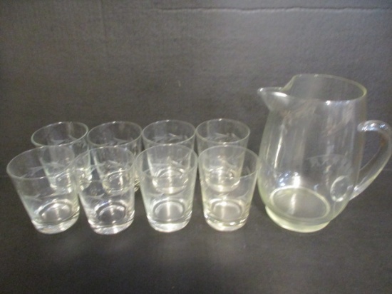 Etched Glass Pitcher And 8 Glasses