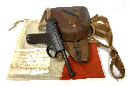 WWII Battle of Manila Bringback Japanese Type 14 Semi-Automatic 8MM NAMBU Pistol, Holster, and Flag