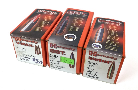 3 Boxes of Hornady 6MM (.243") Bullets for Reloading