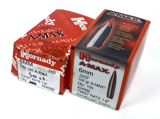 2 Boxes of (150ct.) Hornady 105gr. A-MAX 6MM (.243") Bullets for Reloading