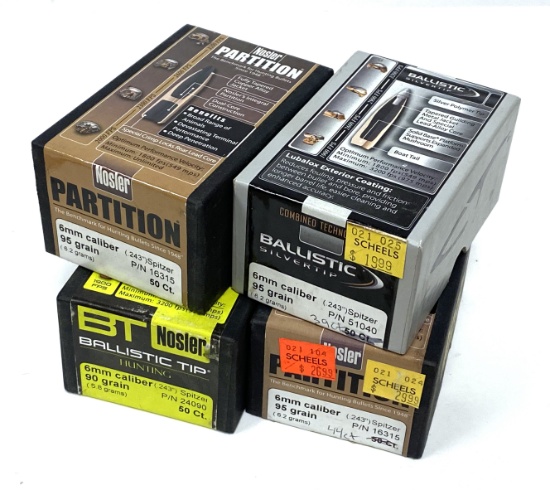 4 Boxes of Nosler 6MM (.243") Bullets for Reloading
