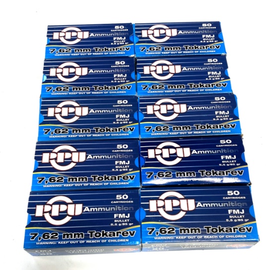 NIB 500rds. of 7.62mm Tokarev 55gr. FMJ Brass Ammunition