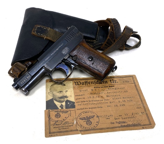 Commercial Mauser 1910 Self-loading 6.35mm Pistol w/ Third Reich Gun License & Ersatz Holster