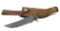 Handmade Damascus Steel Knife with Custom Wood Grip and Leather Sheathe