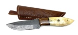 Handmade Damascus Steel Knife with Custom Bone Grip and Leather Sheathe