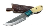 Handmade Damascus Steel Knife with Custom Bone Grip and Leather Sheathe