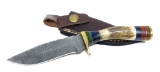 Handmade Damascus Steel Knife with Custom Stag Grip and Leather Sheathe