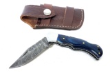 Handmade Damascus Steel Folding Pocket Knife with Custom Wood Grip and Leather Sheathe