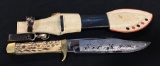 Stag Handle Texas Hunter Etched Chrome Bowie Knife by G.C. Co. Solingen, Germany with Scabbard