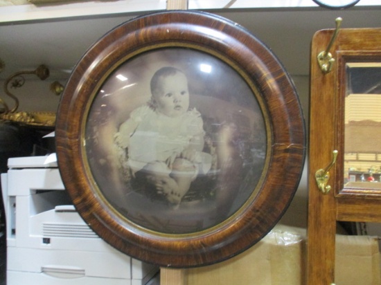 Round Antique Framed Toddler Portrait with Bubble Glass