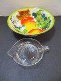 Clear Glass Reamer and Harvest Design Enamelware Dish Pan