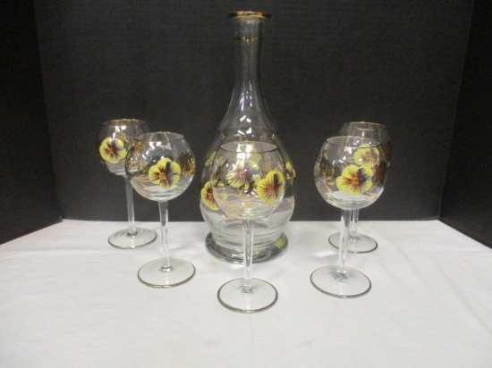 6pc. Wine Decanter Set w/ Painted Pansies and Gold Butterflies