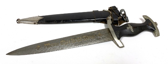 Original German M1933 SS Dagger w/ Scabbard, Rare SS Vertical Hanger & Replaced Damascus Blade
