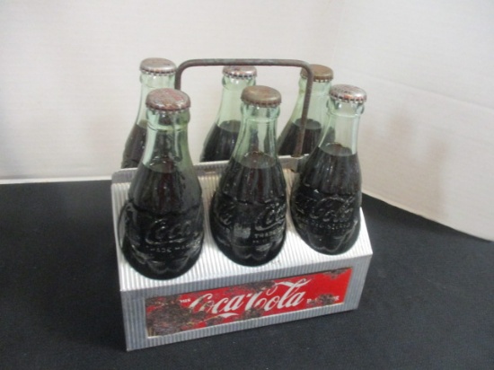 Vintage Coca-Cola Tin Bottle Carrier with Bottles of Coke