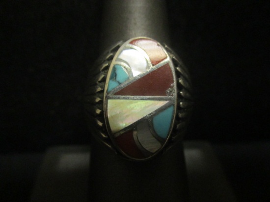 Sterling Silver Navajo Coral, Turquoise & Abalone Ring