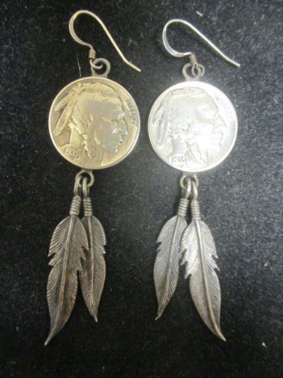 1935 Buffalo Nickel Earrings w/ Sterling Silver Feathers