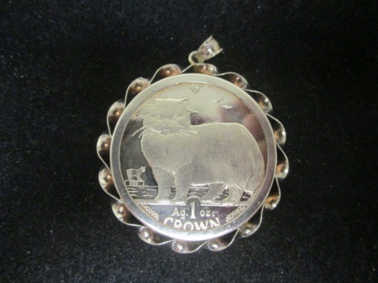 Pure Silver Cat Coin  Pendant in Sterling Silver Bezel