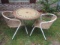 Bistro Table and Pair of Metal Barrel Back Arm Chairs