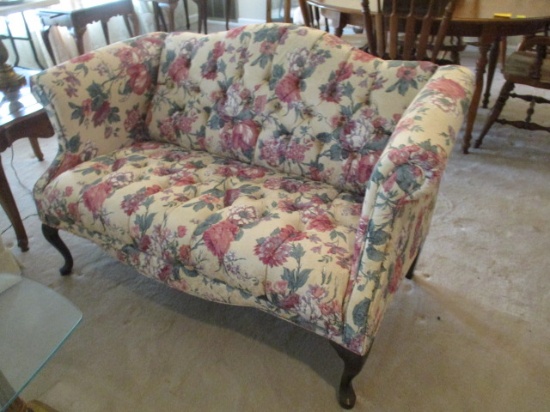 Tufted Custom Covered Scroll Arm Settee with Queen Anne Legs