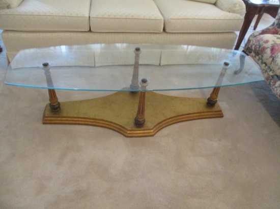 Rectangular Mid Century Gilt Column Base Conversation Table with Glass Top