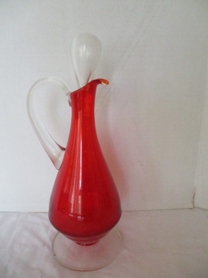 Red/Clear Hand Blown Glass Footed Decanter