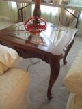 Pair of Square End Table with Beveled Glass Inserts and Carved Shell Accents