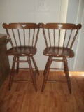 Pair of Solid Wood Spindle Back Swiveling Bar Chairs