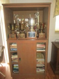 Solid Oak Plywood Cabinet with Sliding Doors, Old Trophies and Large