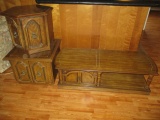 Mid Century Wood Grain Finish Sliding Door Coffee Table, Hexagonal End Table