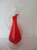 Red/Clear Hand Blown Glass Footed Decanter