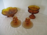 Vintage Amber Glass Compote, Footed Centerpiece and Pair of Candleholders