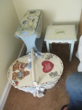Hand Decorated Folk Art Accent Table, Drop Side Accent Table and Picnic Basket