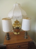 Pair of Antique Brass Finish Lamps and Gold Tone Vase Lamp