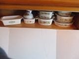Shelf of Corning Ware-Spice of Life, Wildflower and Shell Oil Green Medallion