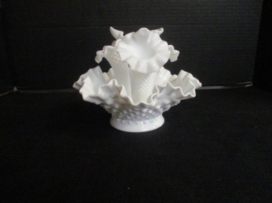 Vintage Milk Glass Hobnail 3 Horn Epergne