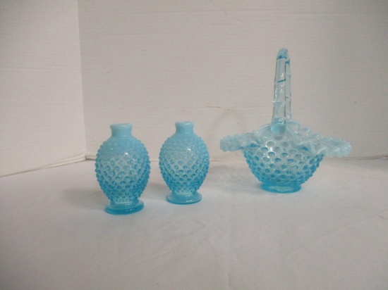 Opalescent Blue Hobnail 8" Basket & 2 Ruffled Vases 4"