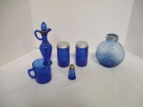 Cobalt Blue Cruet, 2 Jars, Salt Shaker, Measuring Cup, &