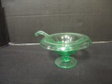 Vintage Green Glass Mayonnaise Pedestal Bowl & Spoon