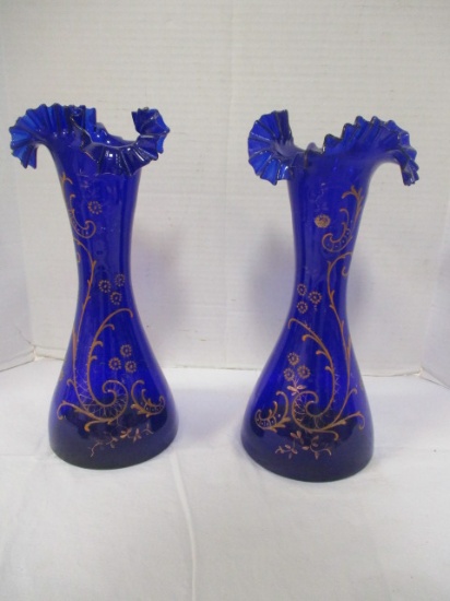 Pair of Hand Blown Cobalt Ruffle Edge Vases