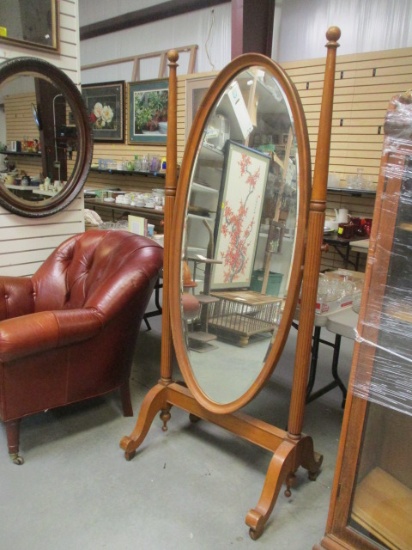 Antique Oak Cheval Beveled Mirror