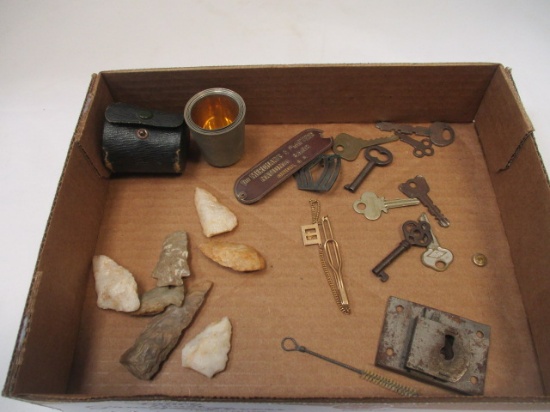 Old Keys and Lock, Mason's Tie Bar, Nesting Metal Shot Glasses, Bank Plague, Arrowheads Etc.